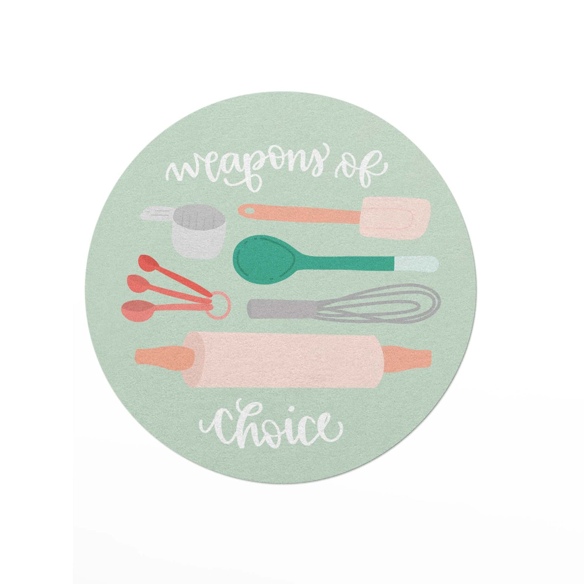 baking themed vinyl sticker with simple illustrations of baking tools on a green background and the white lettered ext, weapons of choice.
