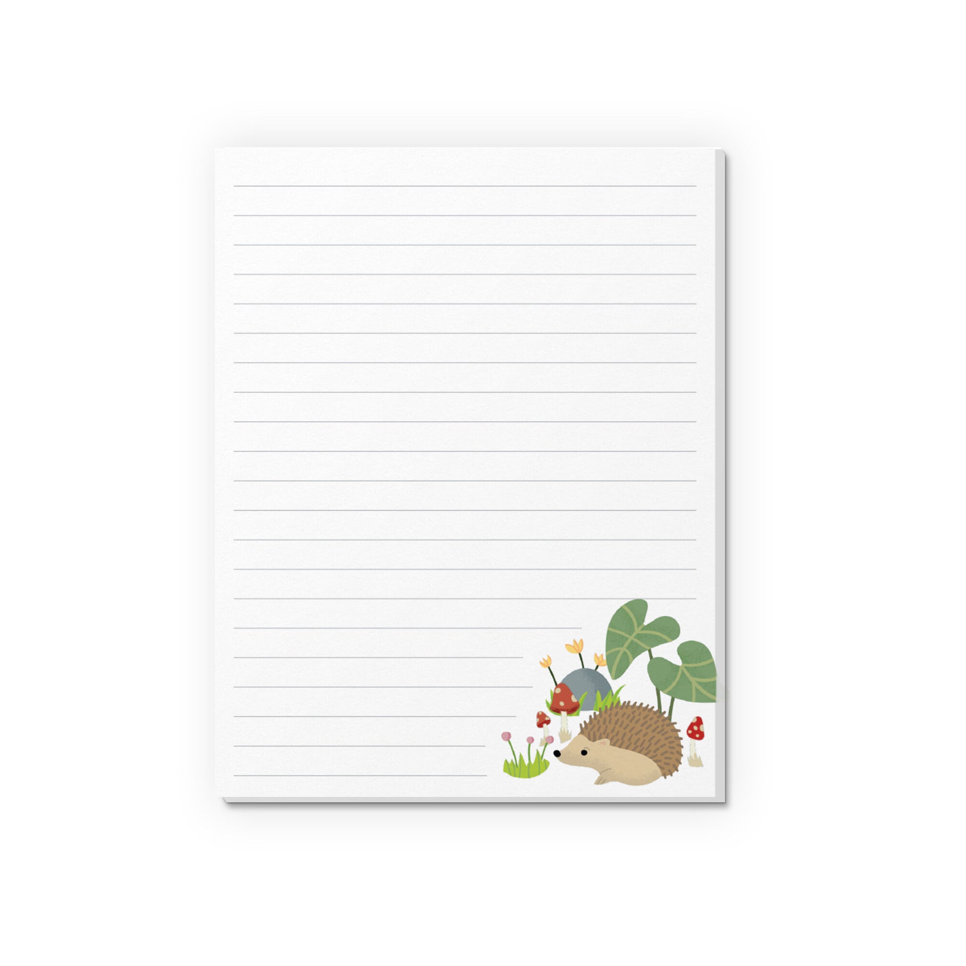 Mini to do list notepad with cute woodland illustrations of a hedgehog, mushrooms and forest flowers.
