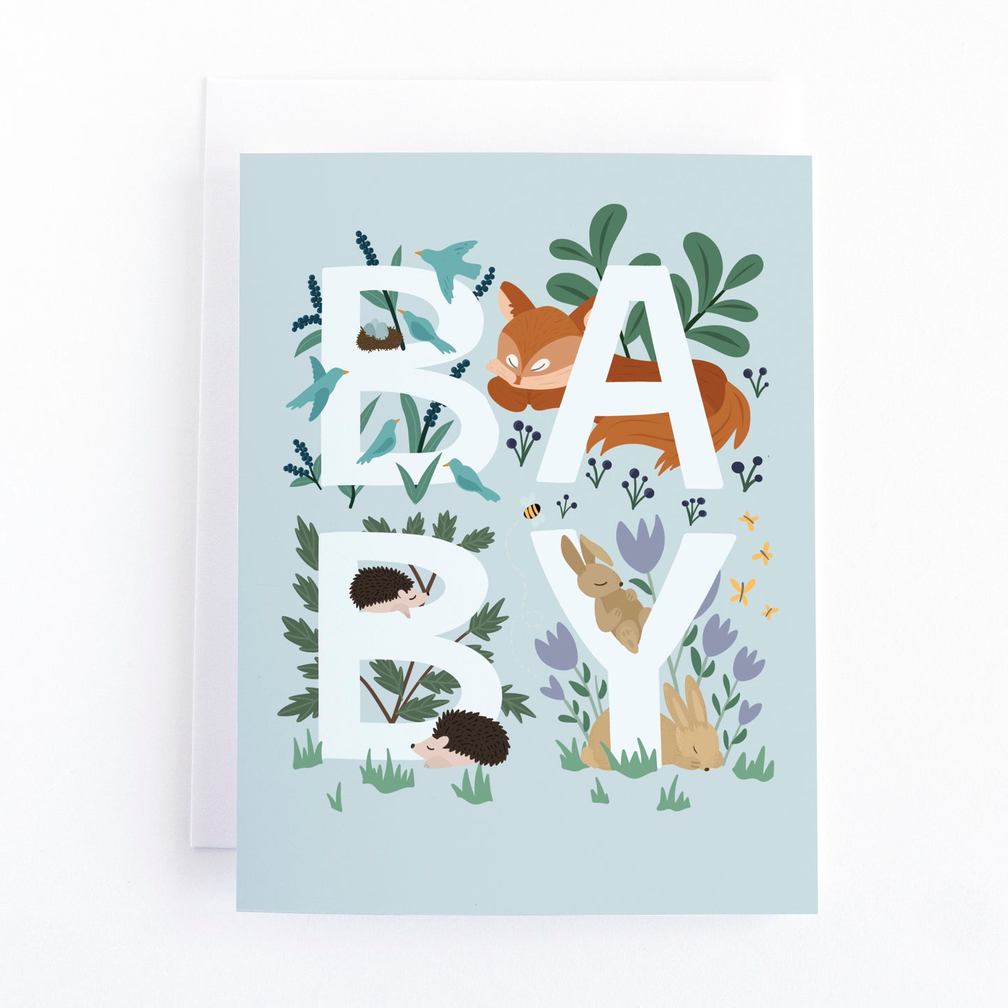 New Baby card with gender neutral colours and sleeping woodland animals around the word baby