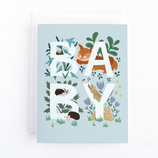 New Baby card with gender neutral colours and sleeping woodland animals around the word baby