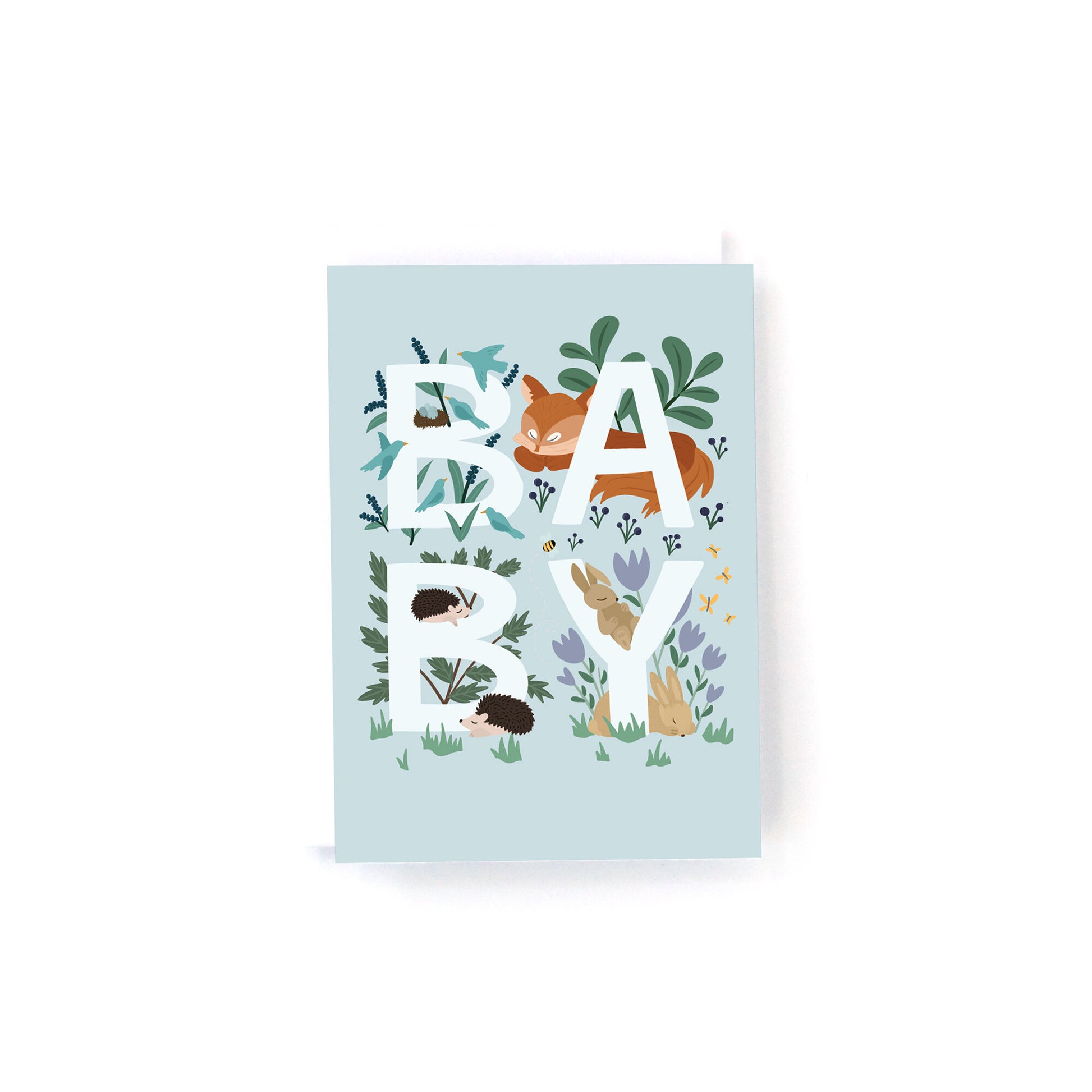 Mini Enclosure new baby card with woodland animals and plants surrounding the letters BABY on a blue background.