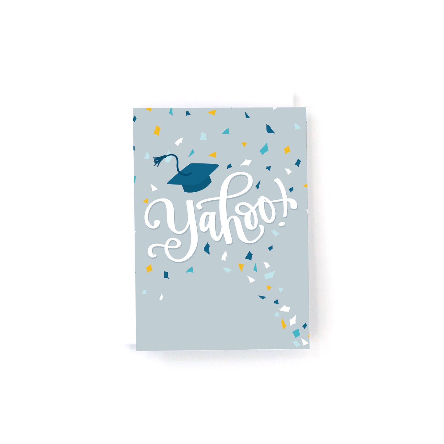 mini graduation card with a grad cap being tossed in the air with lots of confetti and the text, Yahoo! on a blur background.
