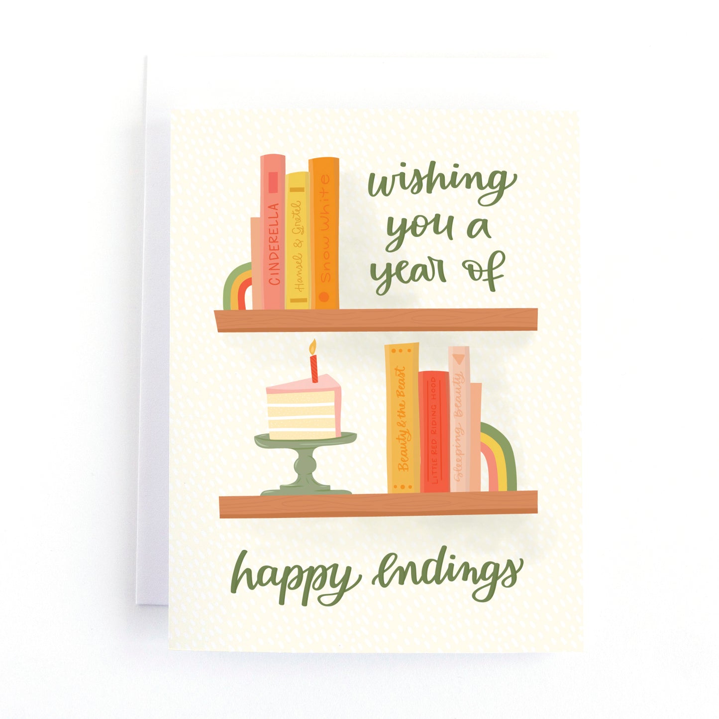 Books birthday card with a shelf full of books and a slice of birthday cake and the message, wishing you a year of happy endings