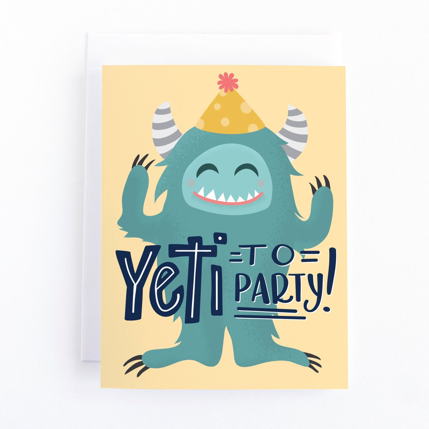 childrens birthday card with a cute yeti monster and the the pun "yeti to party"