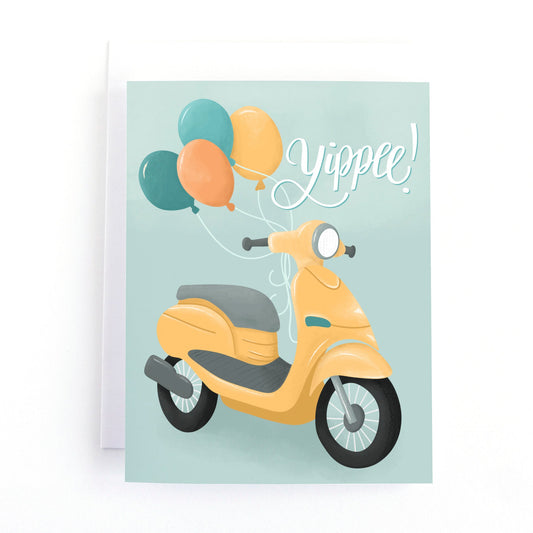 Birthday card featuring a yellow moped with a bunch of balloons tied to the handlebars and the text, Yippee!